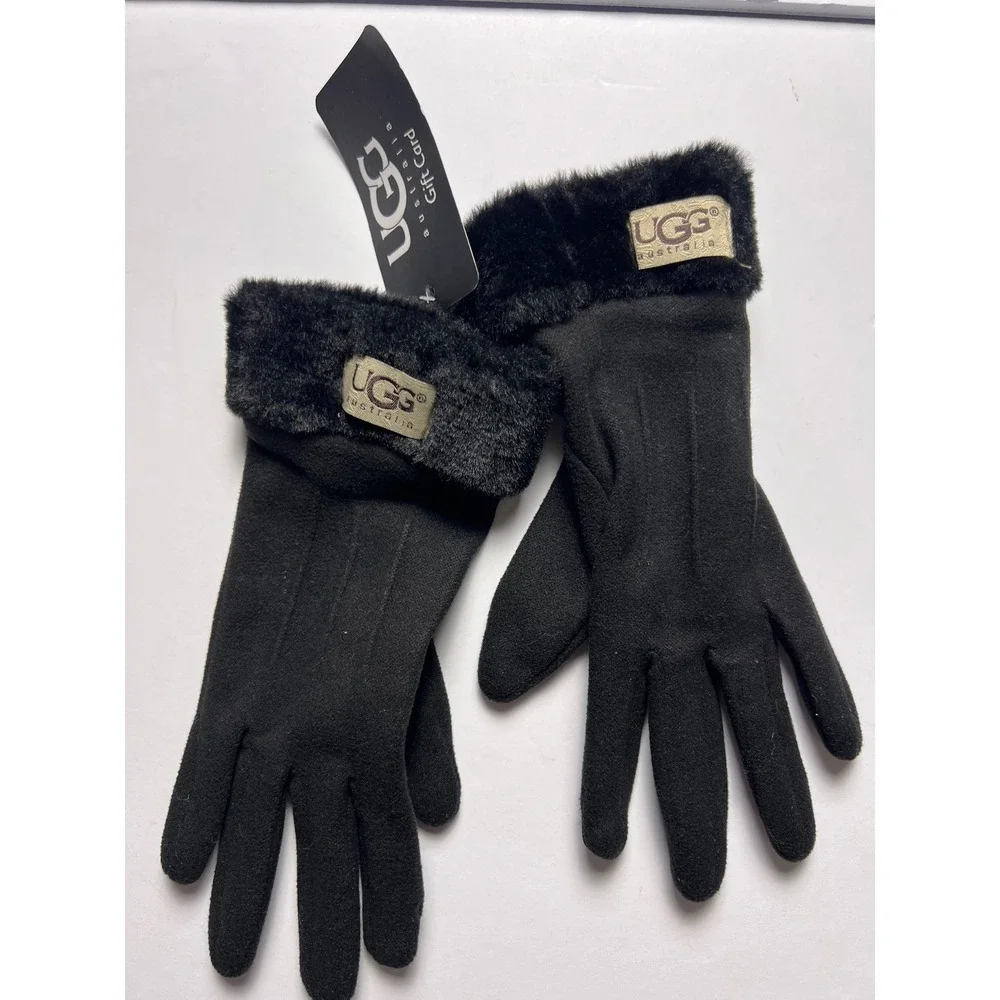 UGG Gloves Womens OS Black Faux Fur Trim Touchscreen Compatible Logo Winter